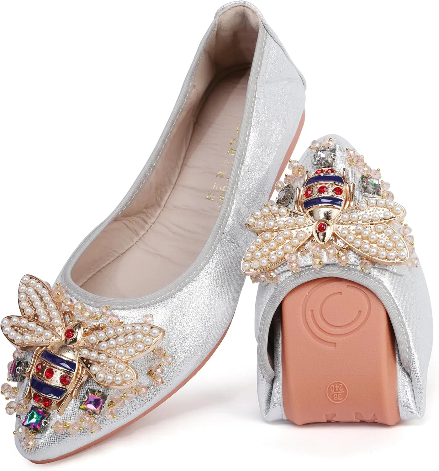 USANDY Women Ballet Flats Rhinestone Wedding Ballerina Shoes Foldable Sparkly Comfort Slip on Flat Shoes