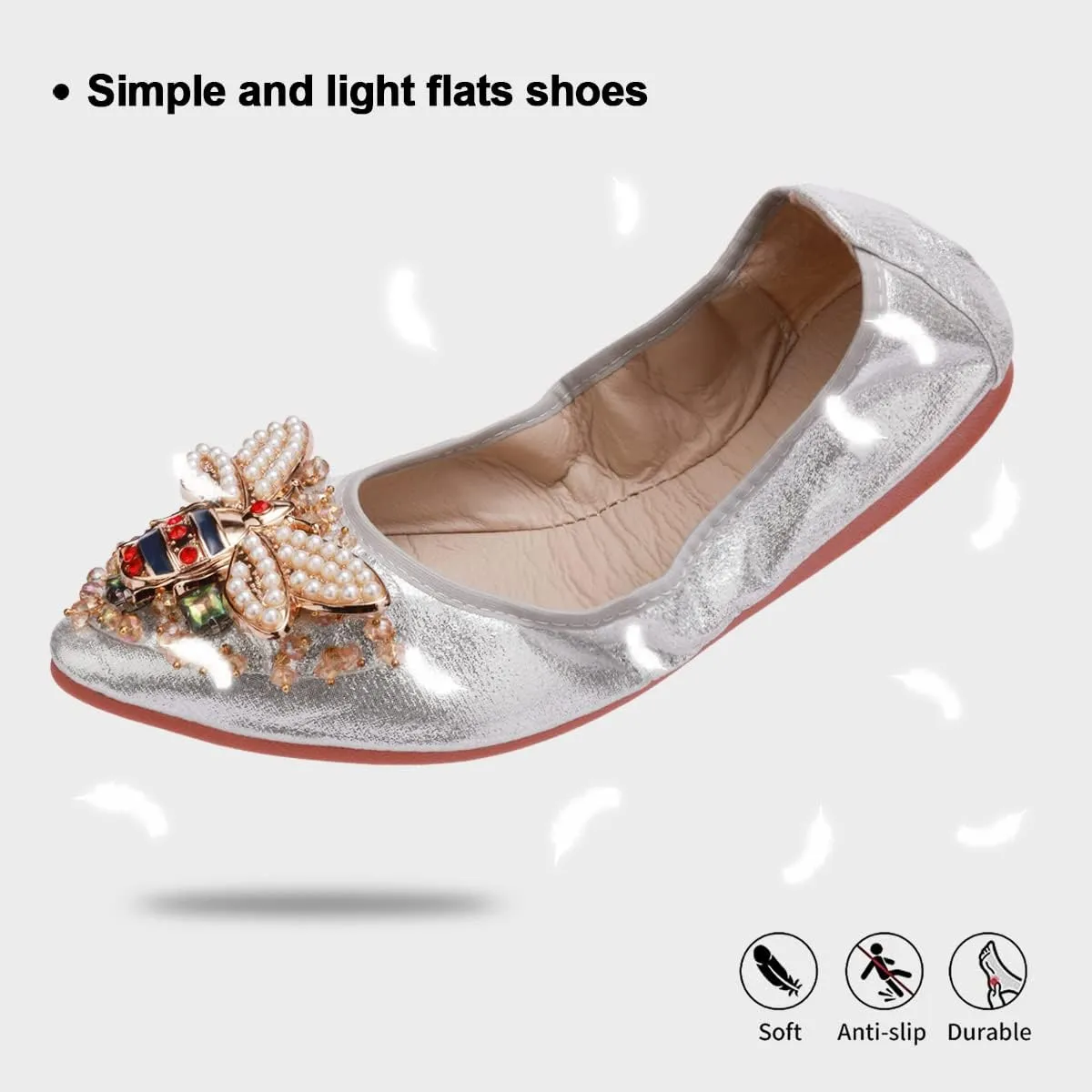 USANDY Women Ballet Flats Rhinestone Wedding Ballerina Shoes Foldable Sparkly Comfort Slip on Flat Shoes