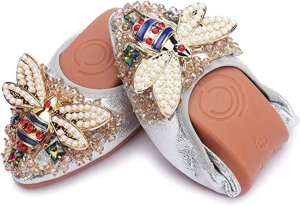 USANDY Women Ballet Flats Rhinestone Wedding Ballerina Shoes Foldable Sparkly Comfort Slip on Flat Shoes