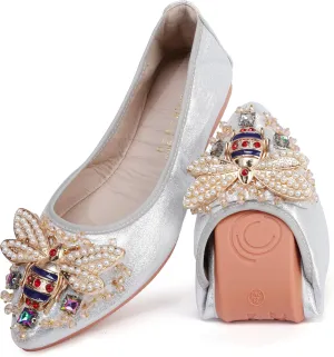 USANDY Women Ballet Flats Rhinestone Wedding Ballerina Shoes Foldable Sparkly Comfort Slip on Flat Shoes