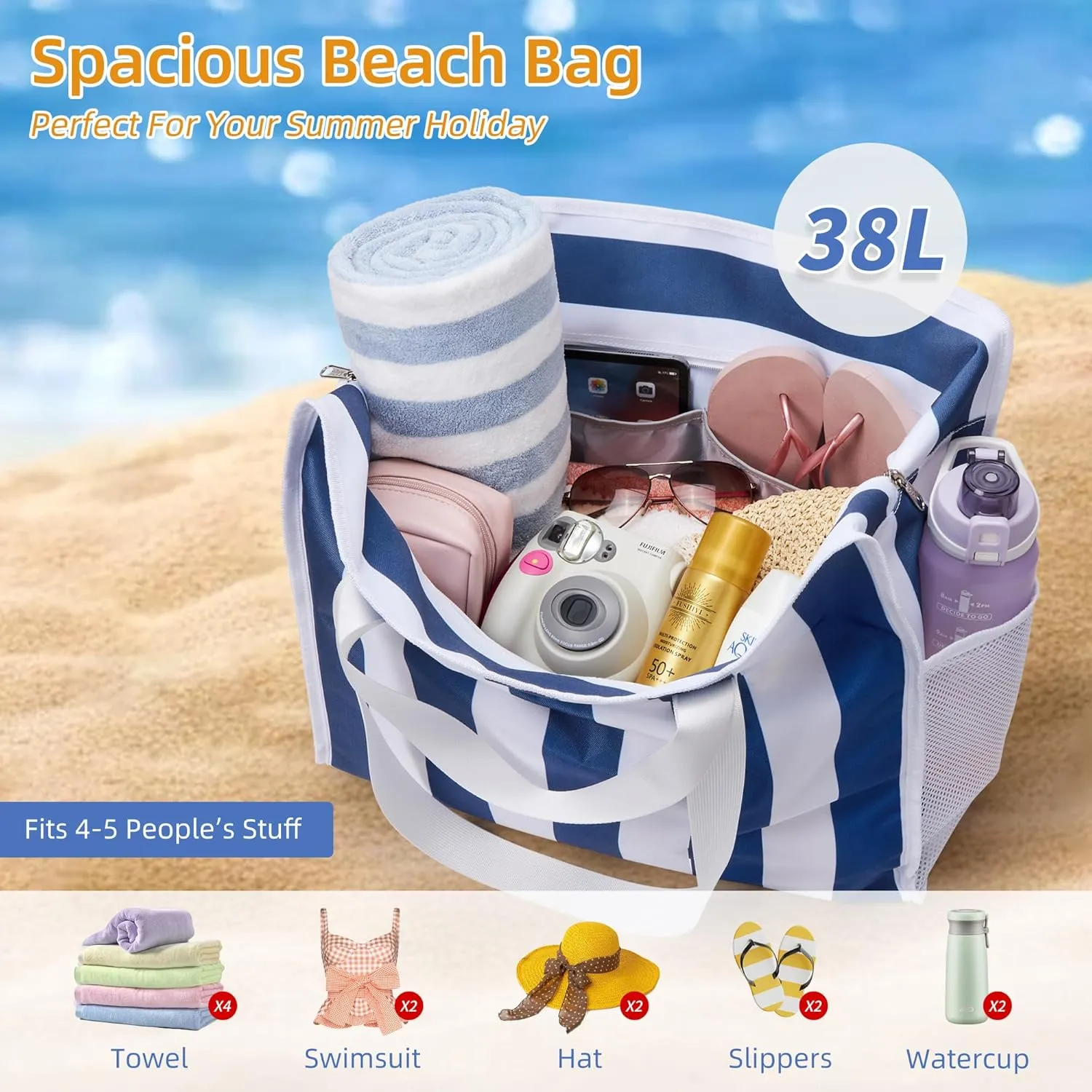 Utility Tote Beach Bag Waterproof Sandproof Women 38L Large Travel Shoulder Handbag Pool Bag Zip Foldable Bottom Pad