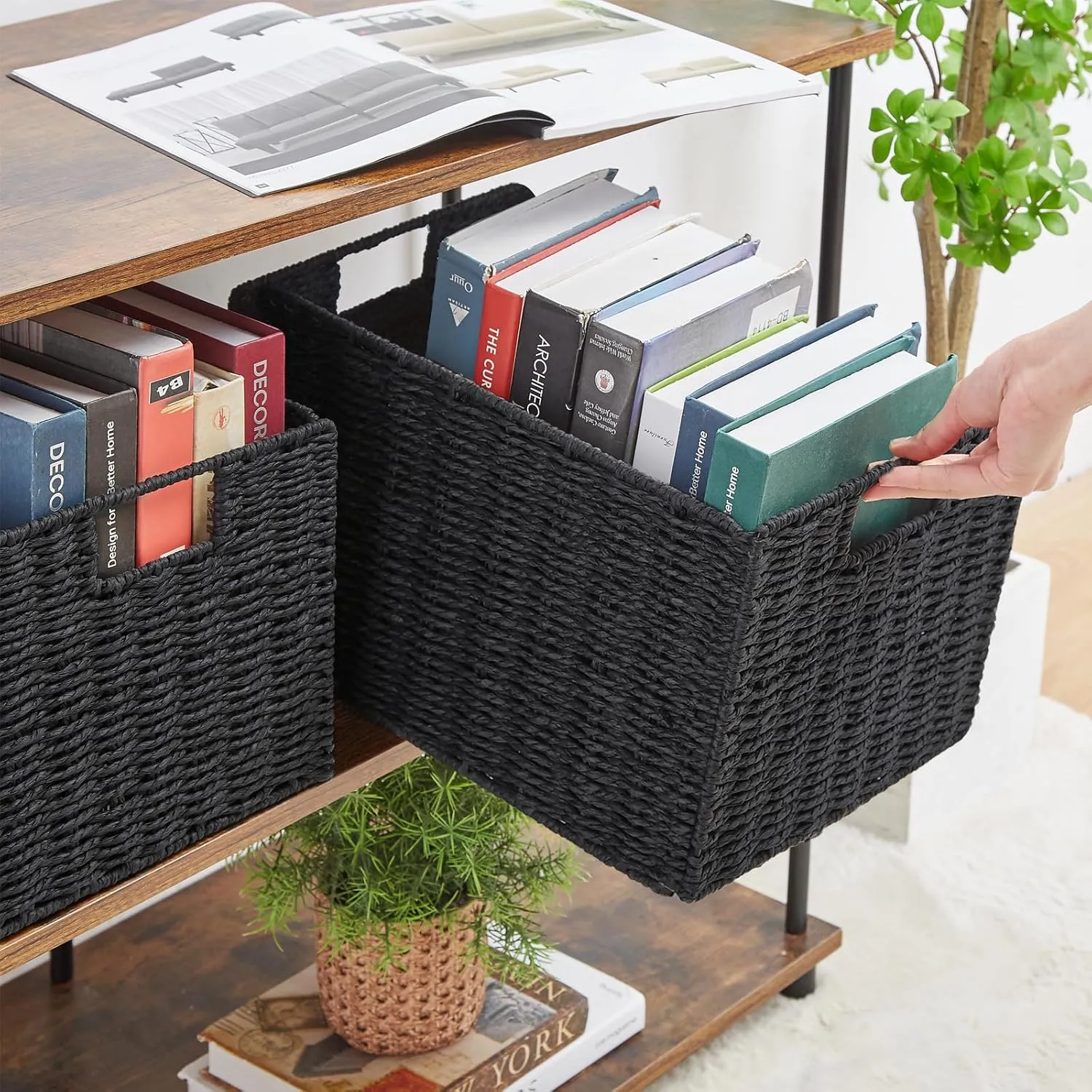 Vagusicc Wicker Storage Basket, Set of 2 Hand-Woven Paper Rope Wicker Basket, Small Storage Baskets for Organizing Toilet Paper Basket, Foldable Large Cube Storage Organizer Bins for Shelves (Black)