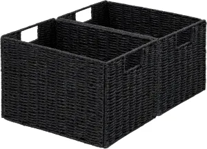 Vagusicc Wicker Storage Basket, Set of 2 Hand-Woven Paper Rope Wicker Basket, Small Storage Baskets for Organizing Toilet Paper Basket, Foldable Large Cube Storage Organizer Bins for Shelves (Black)