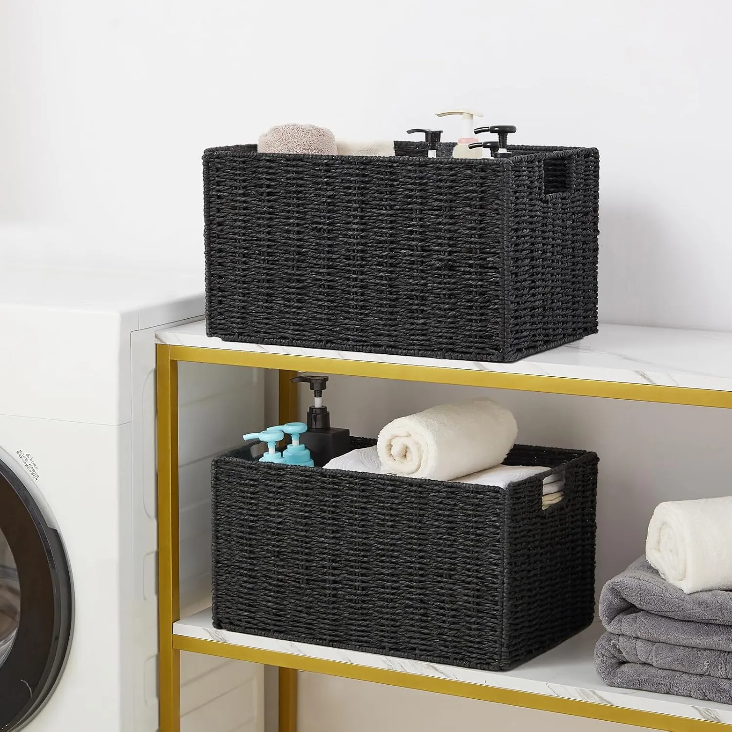 Vagusicc Wicker Storage Basket, Set of 2 Hand-Woven Paper Rope Wicker Basket, Small Storage Baskets for Organizing Toilet Paper Basket, Foldable Large Cube Storage Organizer Bins for Shelves (Black)