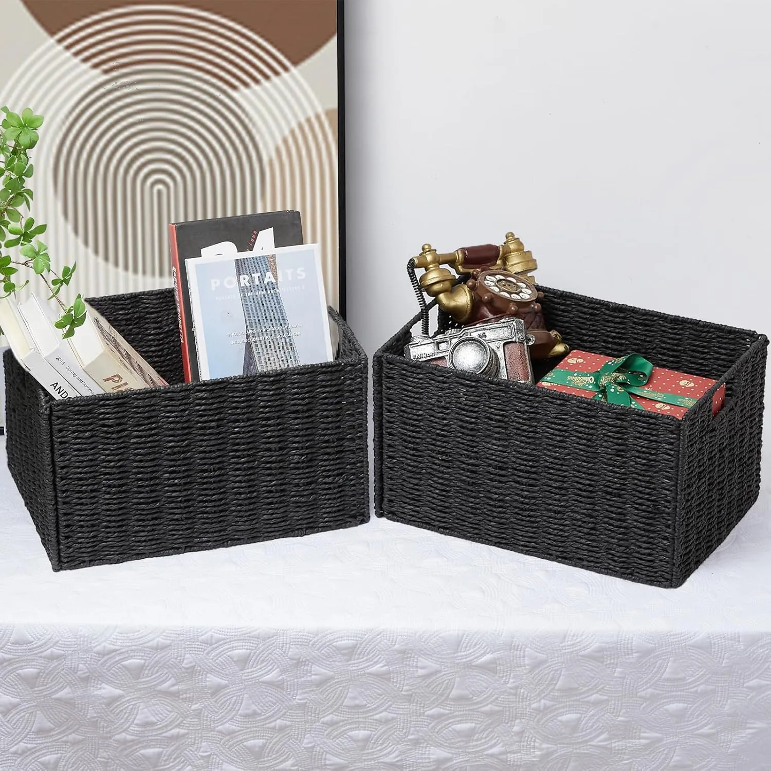 Vagusicc Wicker Storage Basket, Set of 2 Hand-Woven Paper Rope Wicker Basket, Small Storage Baskets for Organizing Toilet Paper Basket, Foldable Large Cube Storage Organizer Bins for Shelves (Black)