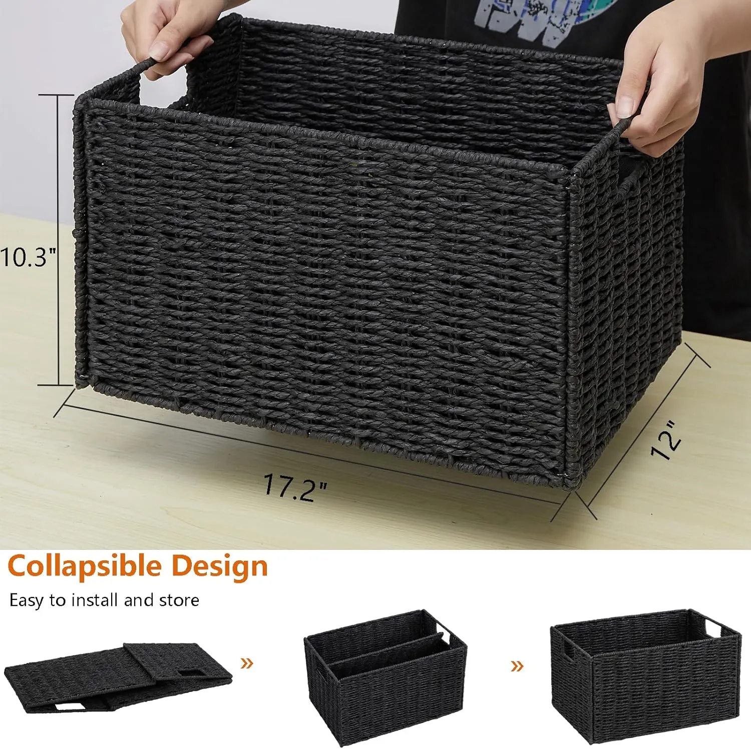 Vagusicc Wicker Storage Basket, Set of 2 Hand-Woven Paper Rope Wicker Basket, Small Storage Baskets for Organizing Toilet Paper Basket, Foldable Large Cube Storage Organizer Bins for Shelves (Black)