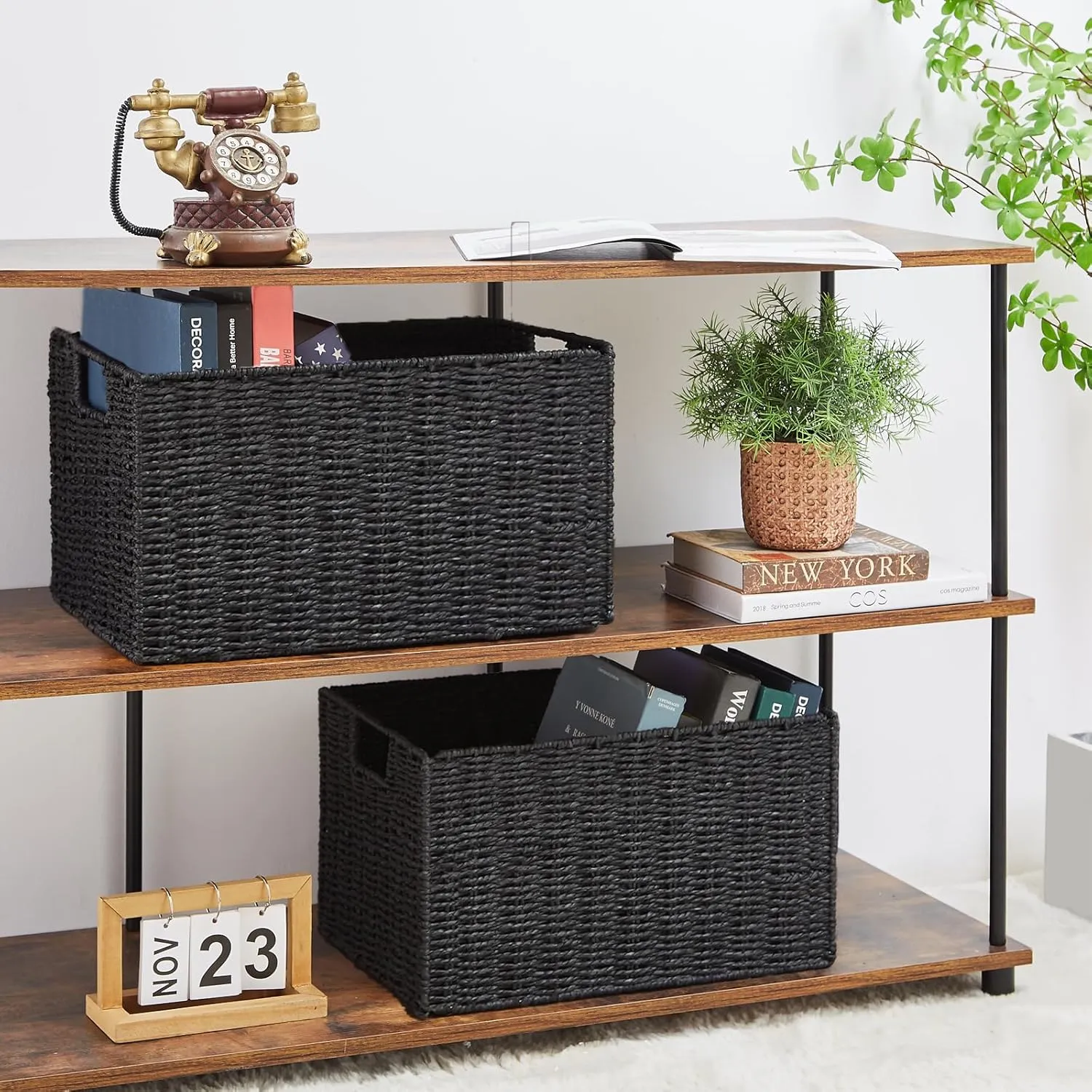 Vagusicc Wicker Storage Basket, Set of 2 Hand-Woven Paper Rope Wicker Basket, Small Storage Baskets for Organizing Toilet Paper Basket, Foldable Large Cube Storage Organizer Bins for Shelves (Black)