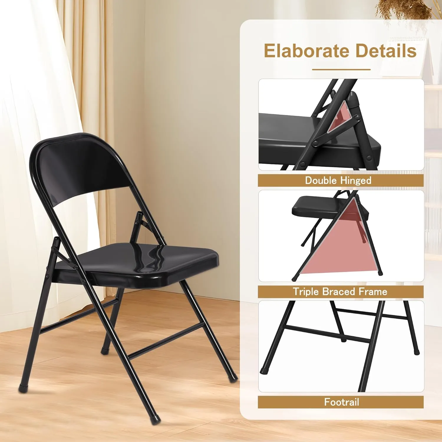 VECELO Metal Folding Chairs 4 Pack, Double Hinged Steel Frame Easy Foldable&Stackable for Office Kitchen Dinning Wedding Patio and Garden
