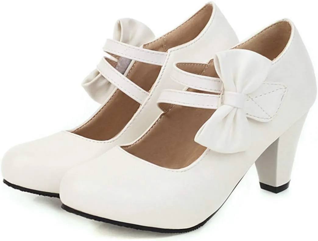 VOKLIN Women's Girls Lolita Mary Jane Pumps Sweet Bow Ankle Strap Block High Heel Cosplay Oxford Dress Shoes