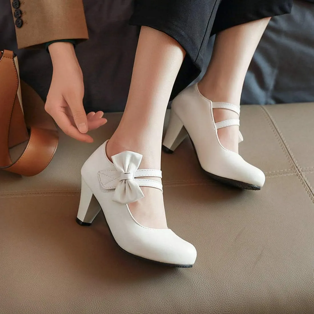 VOKLIN Women's Girls Lolita Mary Jane Pumps Sweet Bow Ankle Strap Block High Heel Cosplay Oxford Dress Shoes