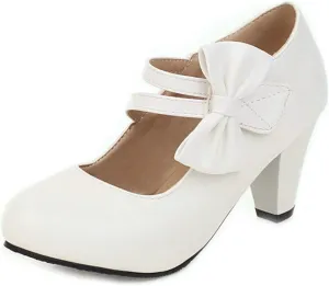 VOKLIN Women's Girls Lolita Mary Jane Pumps Sweet Bow Ankle Strap Block High Heel Cosplay Oxford Dress Shoes