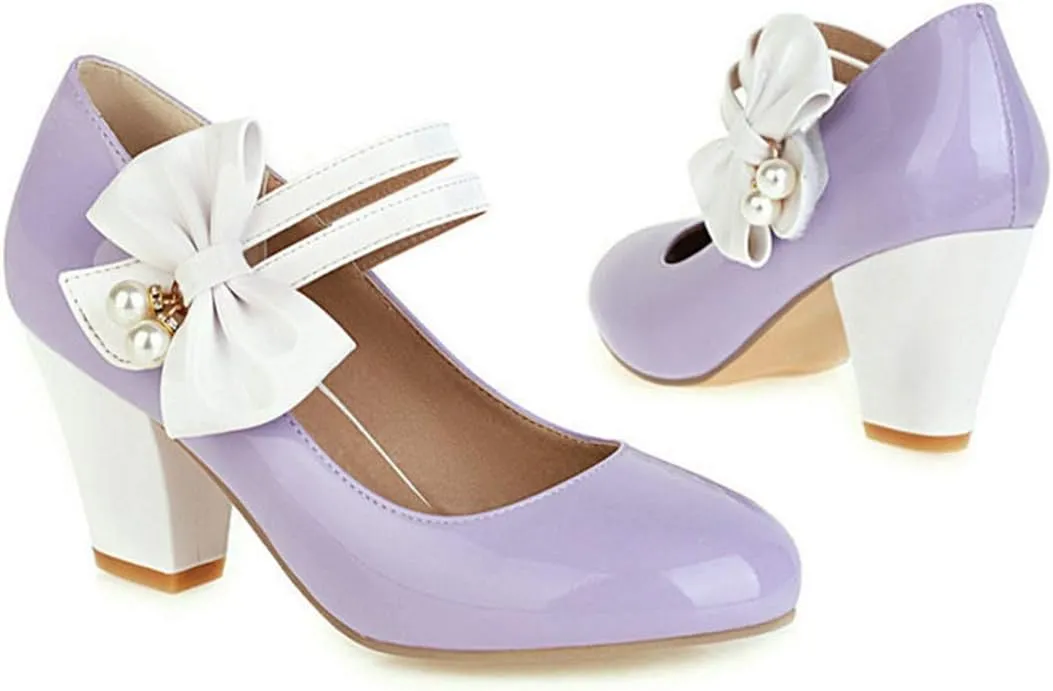 VOKLIN Women's Girls Lolita Sweet Bow Mary Jane Pumps Round Toe Ankle Strap Block High Heel Oxford Dress Shoes