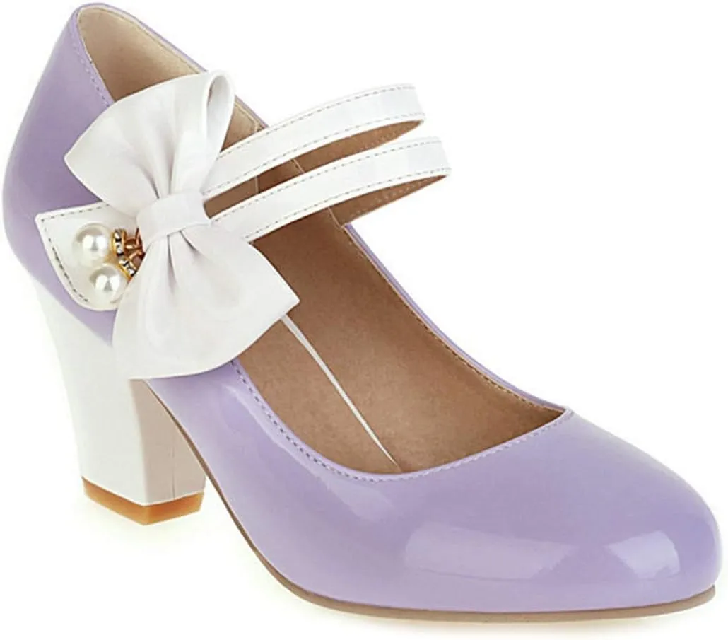 VOKLIN Women's Girls Lolita Sweet Bow Mary Jane Pumps Round Toe Ankle Strap Block High Heel Oxford Dress Shoes