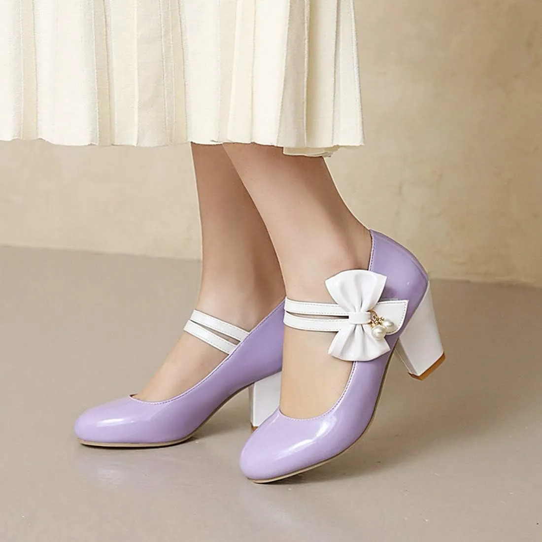 VOKLIN Women's Girls Lolita Sweet Bow Mary Jane Pumps Round Toe Ankle Strap Block High Heel Oxford Dress Shoes