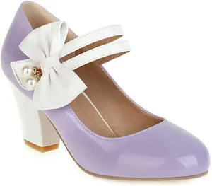 VOKLIN Women's Girls Lolita Sweet Bow Mary Jane Pumps Round Toe Ankle Strap Block High Heel Oxford Dress Shoes