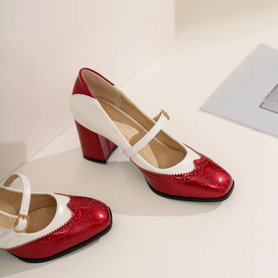 VOKLIN Women's Square Toe Penny Loafer Pump Slip On Patent Leather Block Mid Heel Classic Dress Oxford Shoes