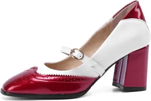 VOKLIN Women's Square Toe Penny Loafer Pump Slip On Patent Leather Block Mid Heel Classic Dress Oxford Shoes