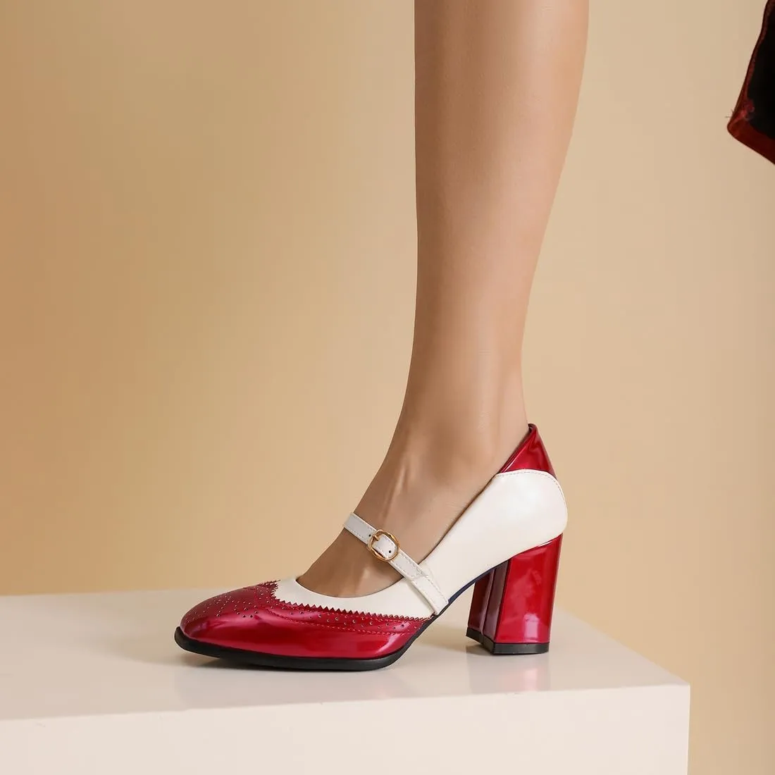 VOKLIN Women's Square Toe Penny Loafer Pump Slip On Patent Leather Block Mid Heel Classic Dress Oxford Shoes