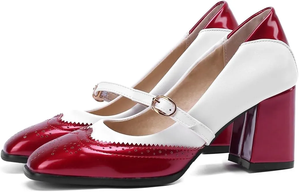VOKLIN Women's Square Toe Penny Loafer Pump Slip On Patent Leather Block Mid Heel Classic Dress Oxford Shoes