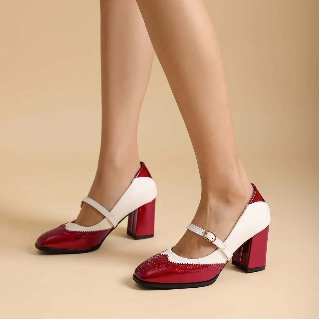 VOKLIN Women's Square Toe Penny Loafer Pump Slip On Patent Leather Block Mid Heel Classic Dress Oxford Shoes