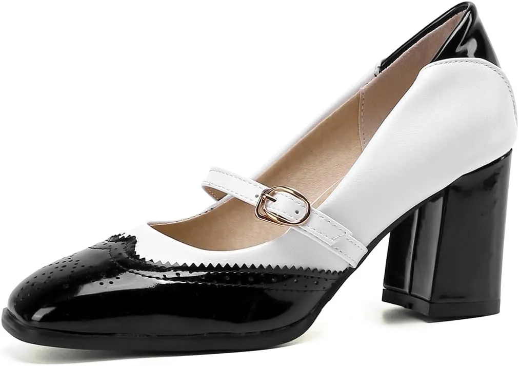 VOKLIN Women's Square Toe Penny Loafer Pump Slip On Patent Leather Block Mid Heel Classic Dress Oxford Shoes