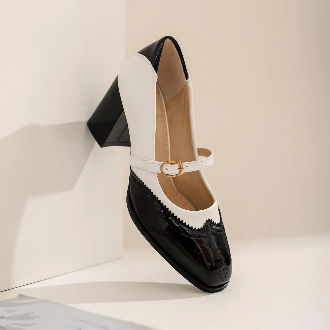 VOKLIN Women's Square Toe Penny Loafer Pump Slip On Patent Leather Block Mid Heel Classic Dress Oxford Shoes