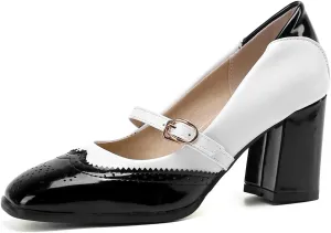 VOKLIN Women's Square Toe Penny Loafer Pump Slip On Patent Leather Block Mid Heel Classic Dress Oxford Shoes