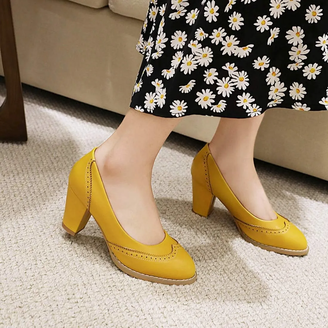 VOKLIN Women's Vintage Round Toe Oxford Pumps Perforated Brogues Leather Chunky Block High Heel Dress Shoes