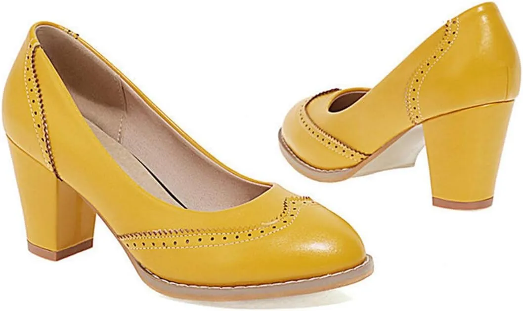 VOKLIN Women's Vintage Round Toe Oxford Pumps Perforated Brogues Leather Chunky Block High Heel Dress Shoes