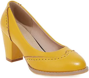 VOKLIN Women's Vintage Round Toe Oxford Pumps Perforated Brogues Leather Chunky Block High Heel Dress Shoes
