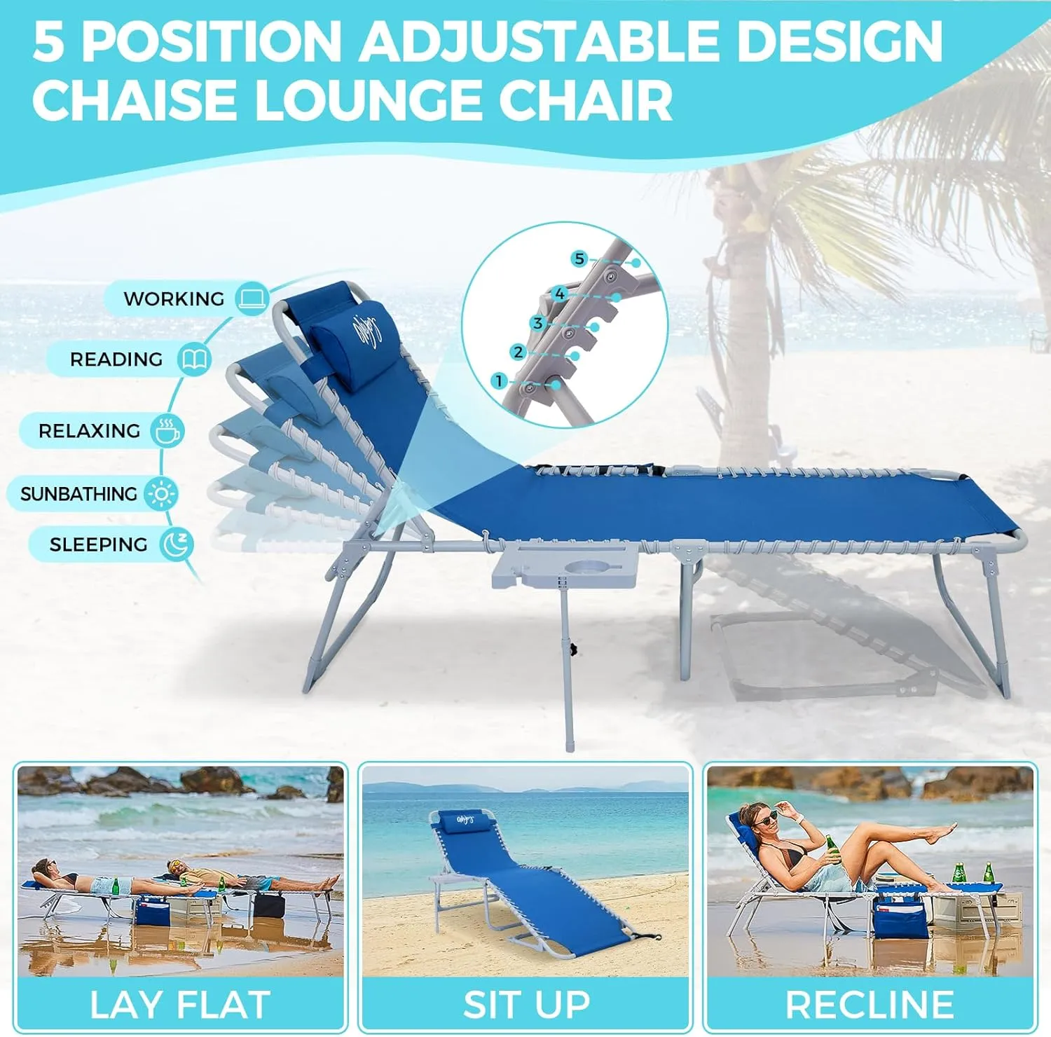 #WEJOY Folding Chaise Lounge Chair with Side Table, 5 Positions Patio Beach Lounge Chairs with Pillow for Outdoor Lawn Sunbathing Pool Patio (Blue)