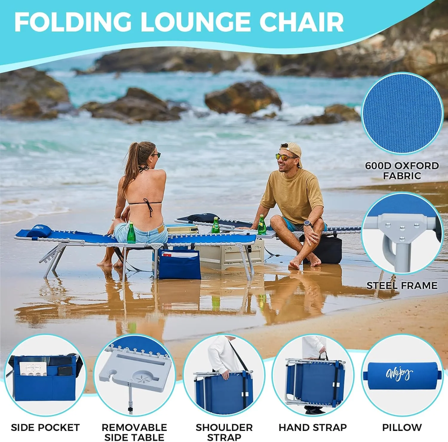 #WEJOY Folding Chaise Lounge Chair with Side Table, 5 Positions Patio Beach Lounge Chairs with Pillow for Outdoor Lawn Sunbathing Pool Patio (Blue)