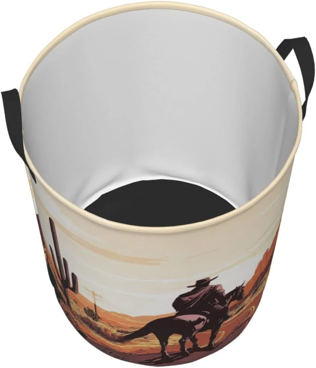 Western Cowboy Laundry Basket Desert Mountains Horse Wild West Desert With Cowboys Laundry Bag Foldable Oxford Cloth Funny Tote Bag Laundry Hamper For Bathroom/Laundry/Bedroom 18.9x16.5 Inch