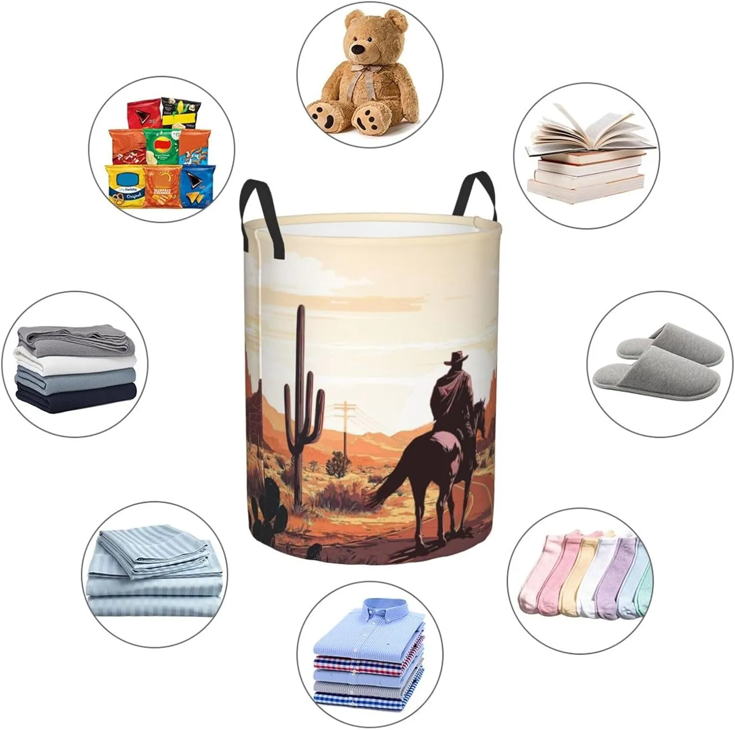 Western Cowboy Laundry Basket Desert Mountains Horse Wild West Desert With Cowboys Laundry Bag Foldable Oxford Cloth Funny Tote Bag Laundry Hamper For Bathroom/Laundry/Bedroom 18.9x16.5 Inch
