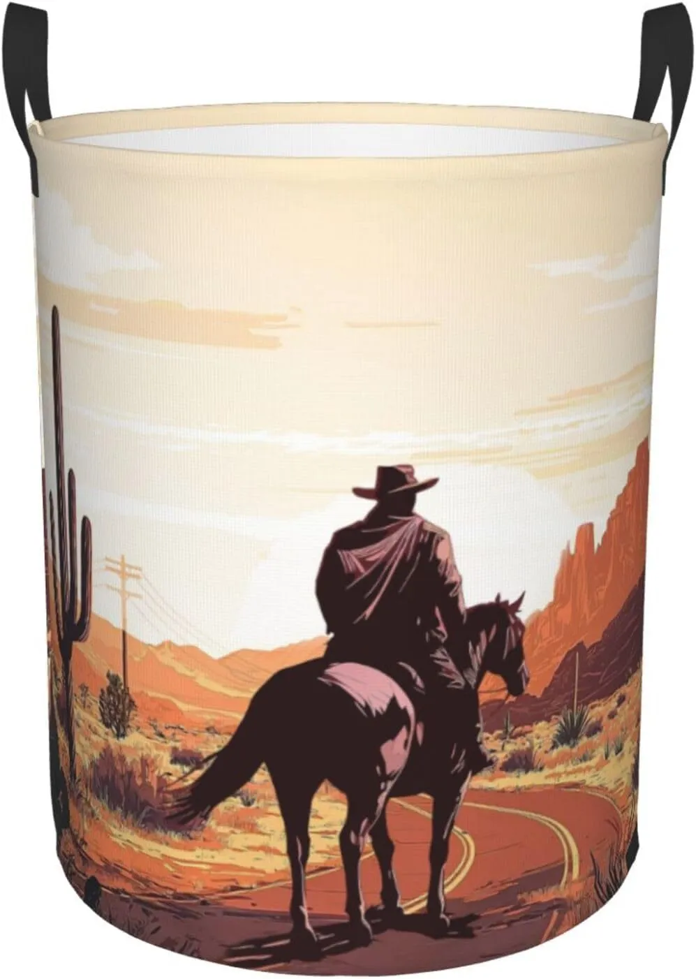 Western Cowboy Laundry Basket Desert Mountains Horse Wild West Desert With Cowboys Laundry Bag Foldable Oxford Cloth Funny Tote Bag Laundry Hamper For Bathroom/Laundry/Bedroom 18.9x16.5 Inch