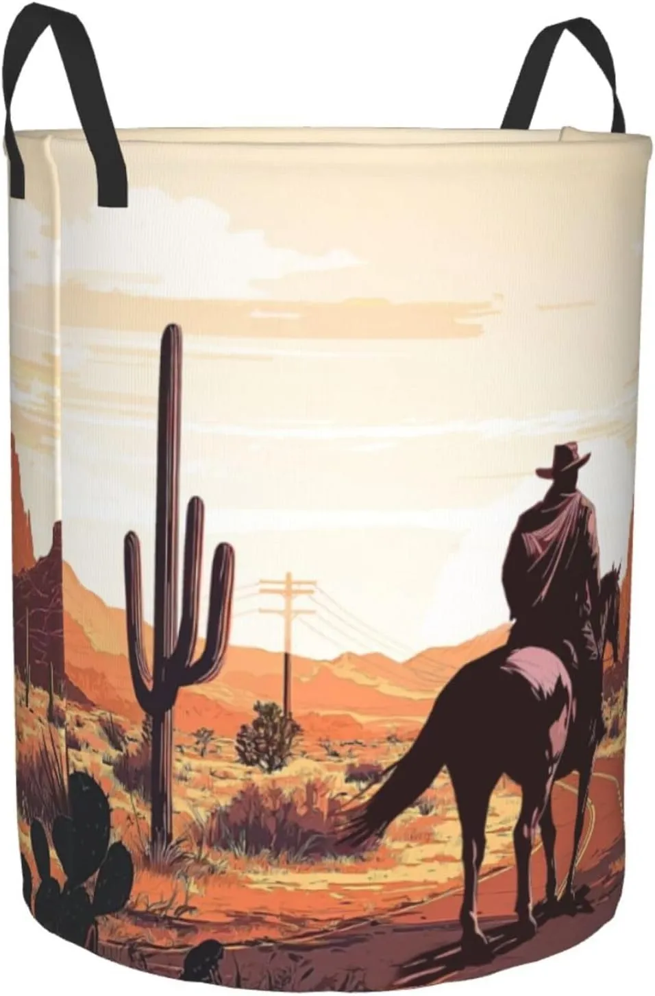 Western Cowboy Laundry Basket Desert Mountains Horse Wild West Desert With Cowboys Laundry Bag Foldable Oxford Cloth Funny Tote Bag Laundry Hamper For Bathroom/Laundry/Bedroom 18.9x16.5 Inch