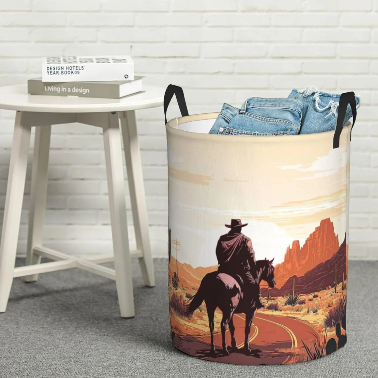 Western Cowboy Laundry Basket Desert Mountains Horse Wild West Desert With Cowboys Laundry Bag Foldable Oxford Cloth Funny Tote Bag Laundry Hamper For Bathroom/Laundry/Bedroom 18.9x16.5 Inch