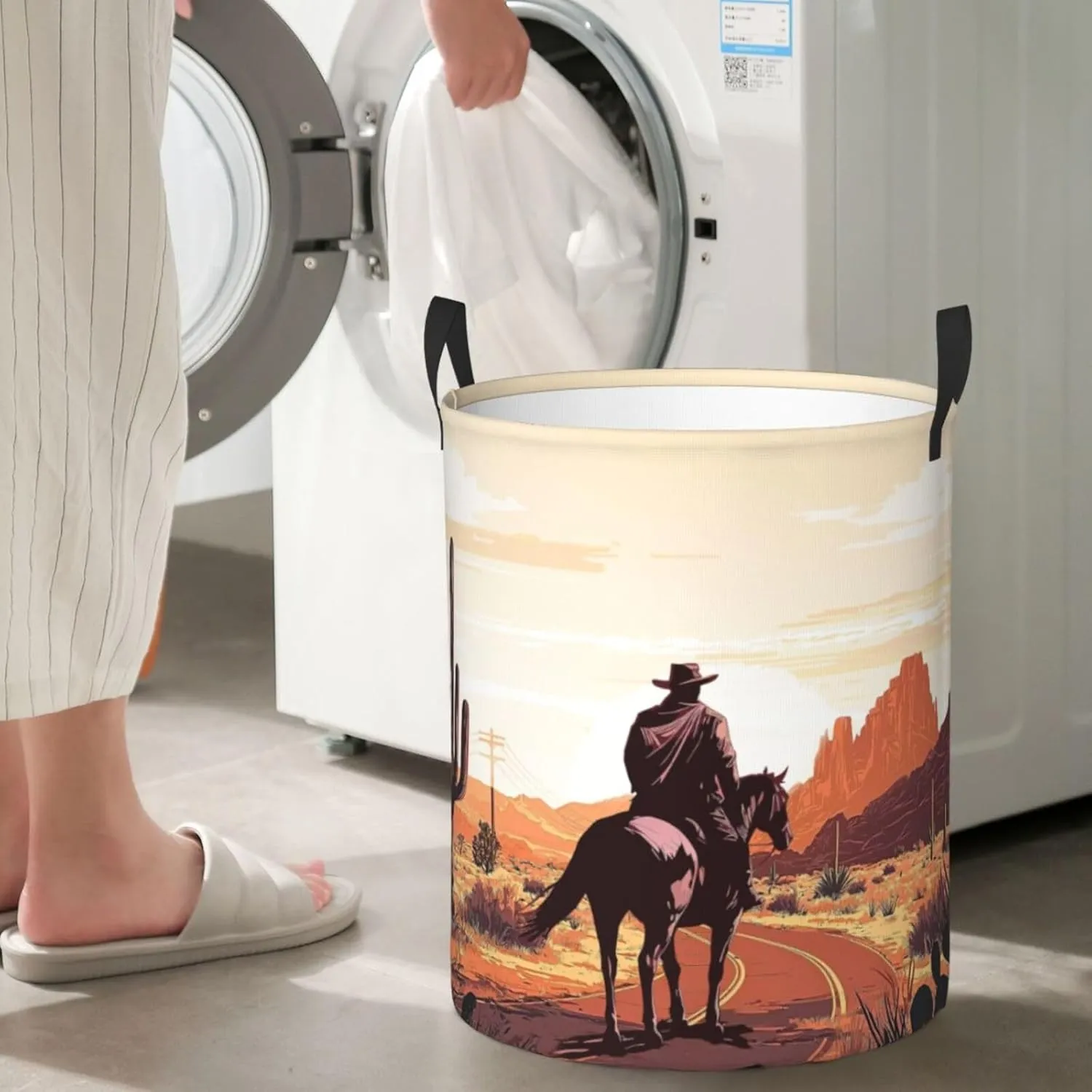 Western Cowboy Laundry Basket Desert Mountains Horse Wild West Desert With Cowboys Laundry Bag Foldable Oxford Cloth Funny Tote Bag Laundry Hamper For Bathroom/Laundry/Bedroom 18.9x16.5 Inch