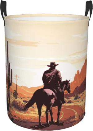 Western Cowboy Laundry Basket Desert Mountains Horse Wild West Desert With Cowboys Laundry Bag Foldable Oxford Cloth Funny Tote Bag Laundry Hamper For Bathroom/Laundry/Bedroom 18.9x16.5 Inch