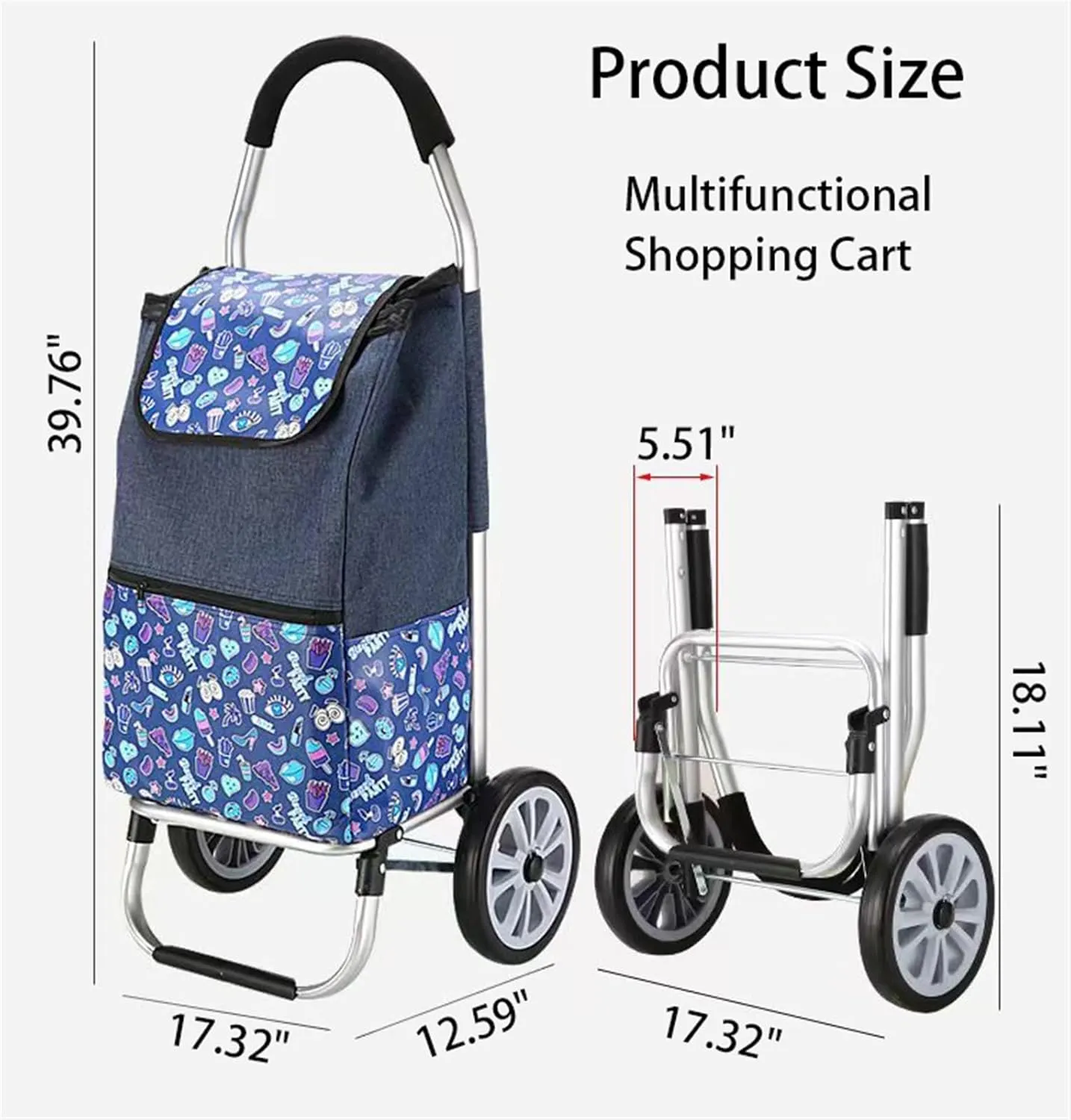 Wheeled Shopping Trolley Cart, Foldable Extended Handle Stair Climbing Wheels Removable Waterproof Bag for Shopping for The Elderly(Black)