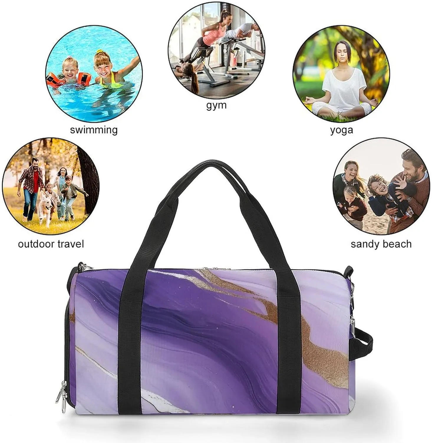 White And Purple Gradient Marble Fitness Large Gym Bag for Unisex with Shoe Compartment & Wet Pocket