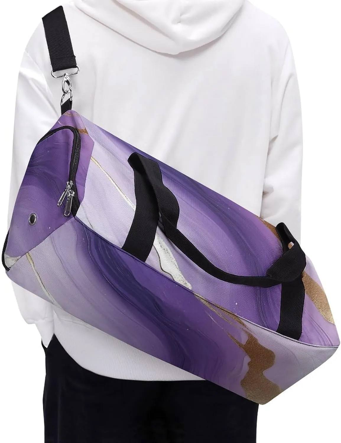 White And Purple Gradient Marble Fitness Large Gym Bag for Unisex with Shoe Compartment & Wet Pocket
