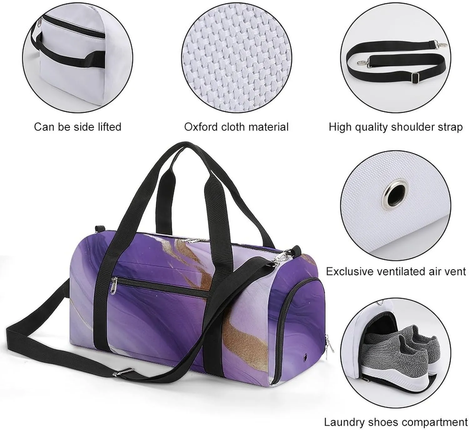 White And Purple Gradient Marble Fitness Large Gym Bag for Unisex with Shoe Compartment & Wet Pocket