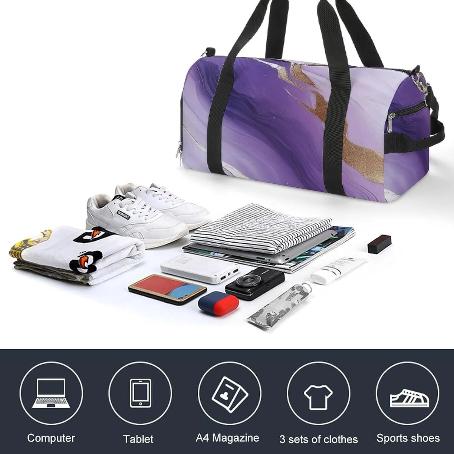 White And Purple Gradient Marble Fitness Large Gym Bag for Unisex with Shoe Compartment & Wet Pocket