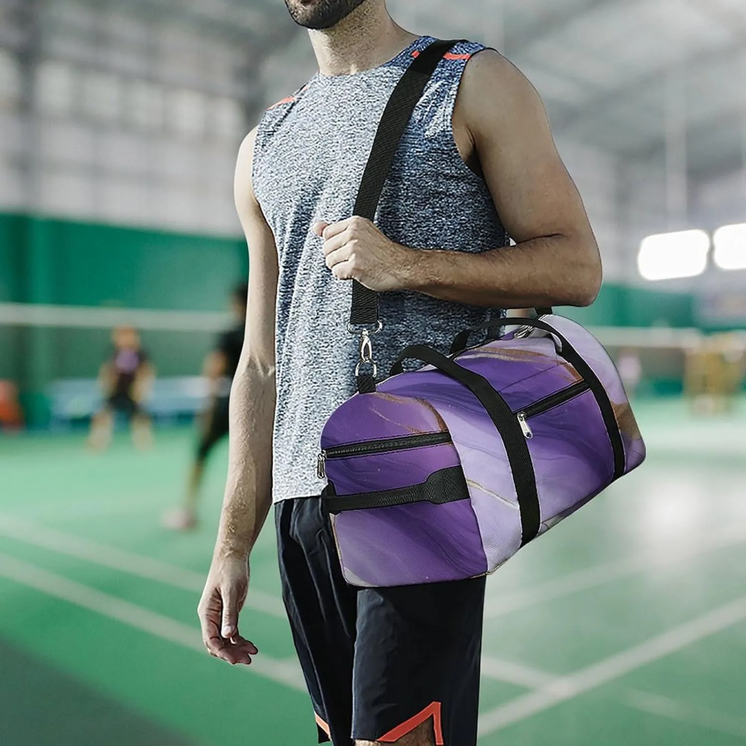 White And Purple Gradient Marble Fitness Large Gym Bag for Unisex with Shoe Compartment & Wet Pocket