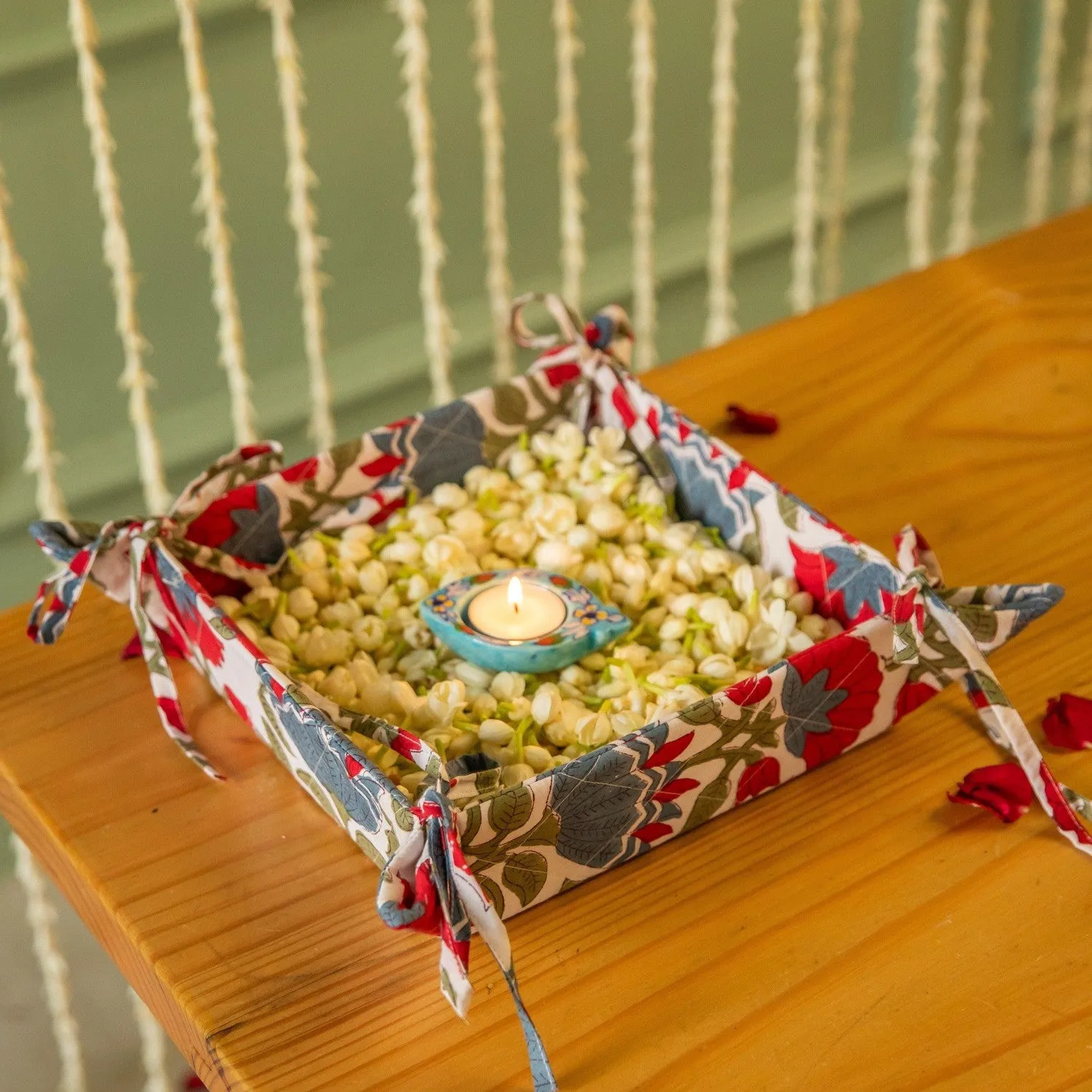 White and Red Blockprinted Foldable Tray