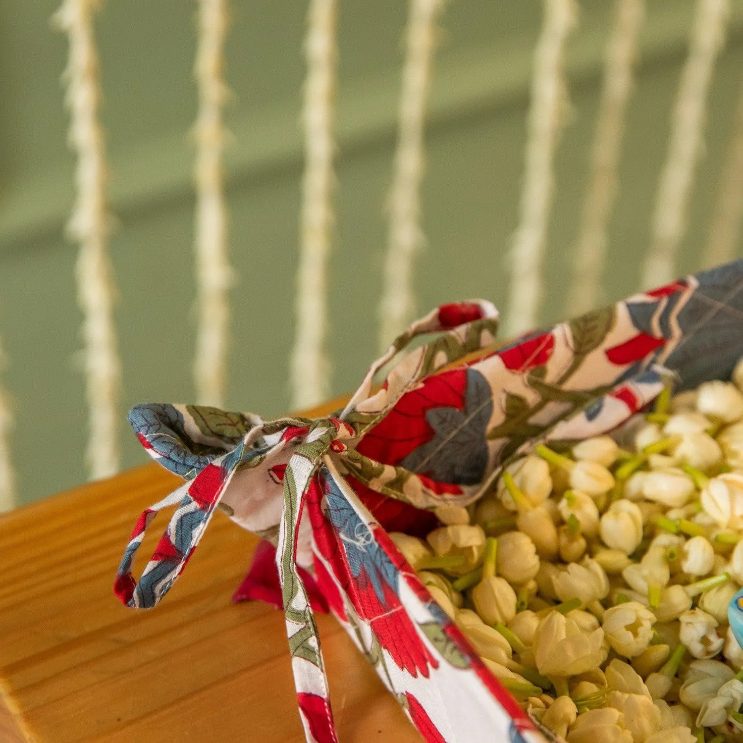 White and Red Blockprinted Foldable Tray