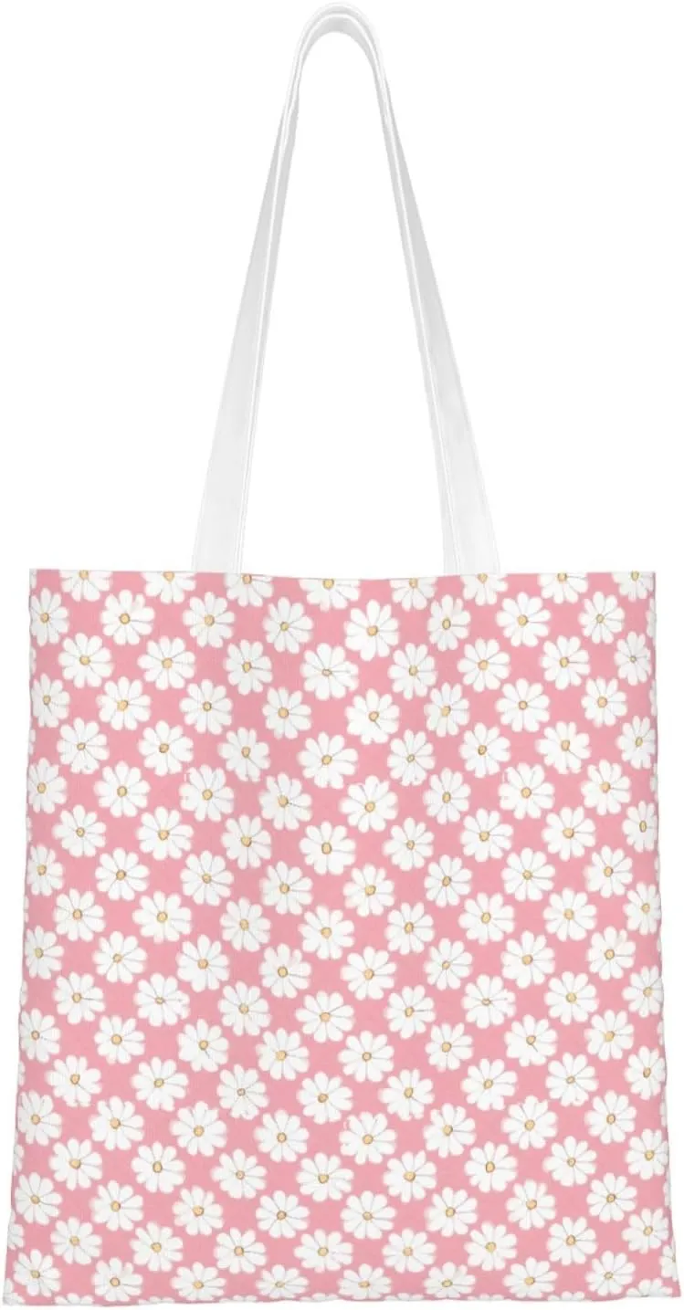 White Chrysanthemum Texture Chart Pattern Double Sided Canvas Tote Bag, Reusable Grocery Shopping Bag, Carry or Shoulder ï¼Œ15x16.5 in