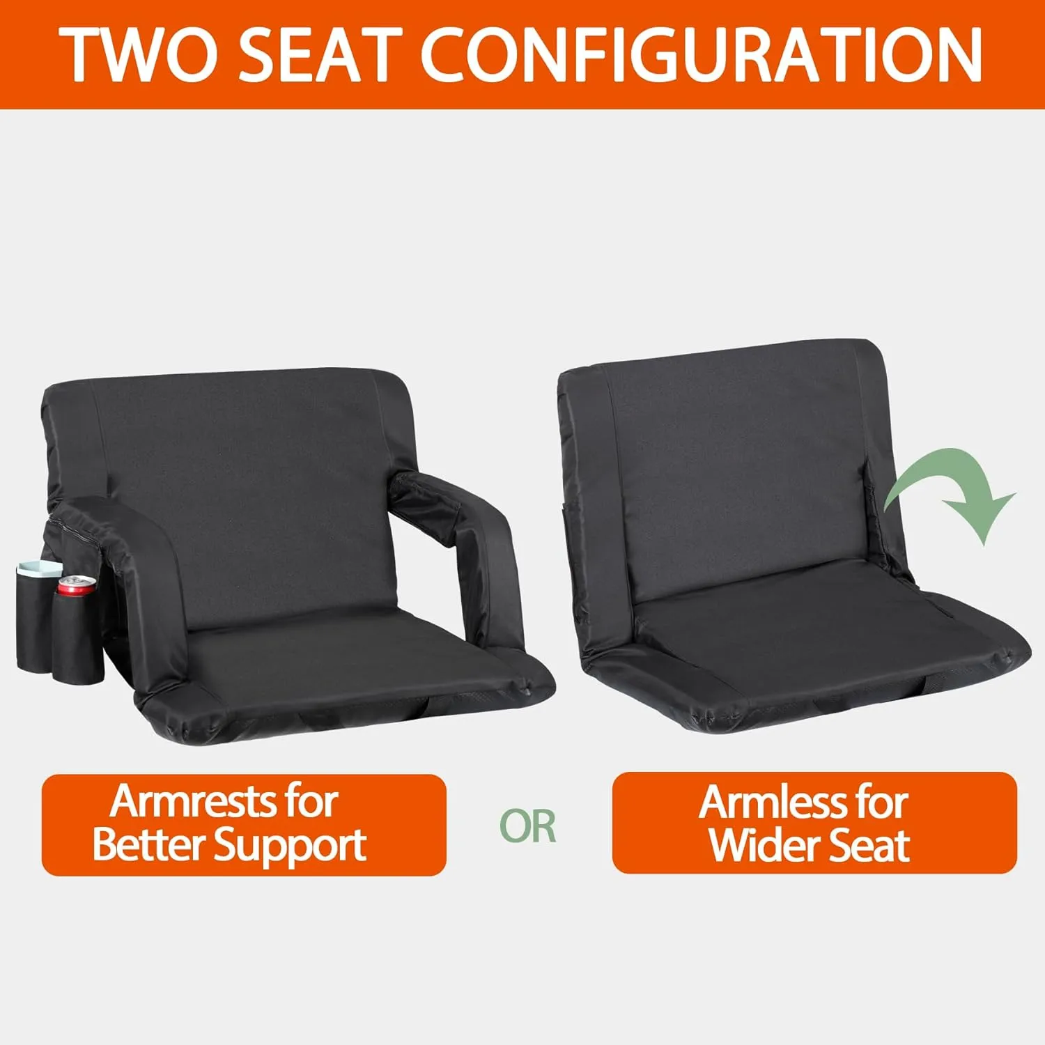 Widened Foldable 24.6 in Stadium Seat for Bleachers - Camping Stadium Seat Chair with Backrest Armrests 6 Adjustable Reclining Positions for Fishing Beach