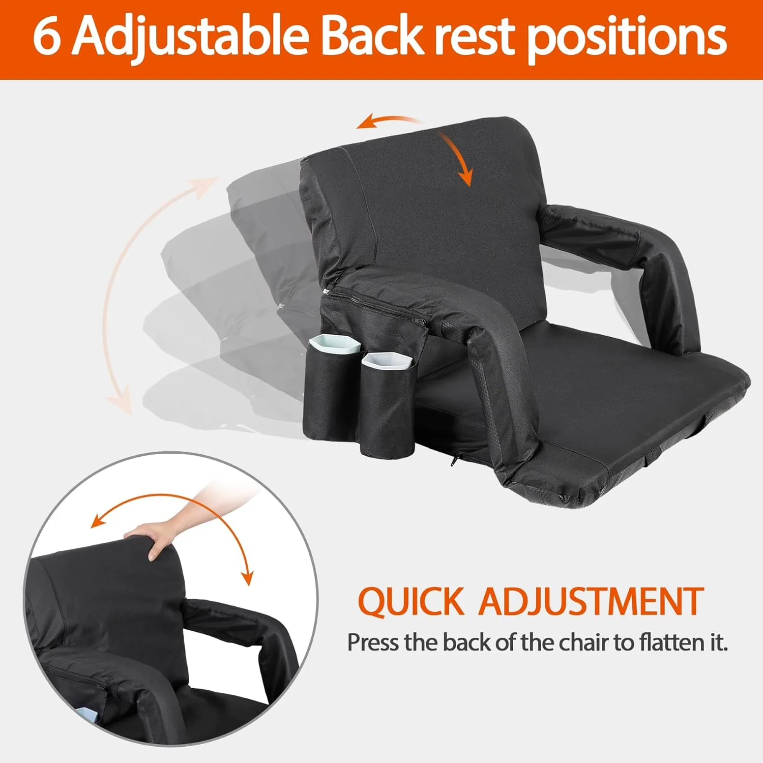 Widened Foldable 24.6 in Stadium Seat for Bleachers - Camping Stadium Seat Chair with Backrest Armrests 6 Adjustable Reclining Positions for Fishing Beach